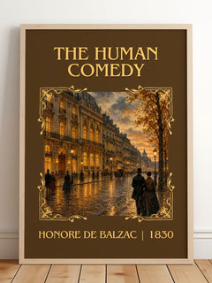 The Human Comedy Classic Book Art Print by Honoré de Balzac – framed print leaning on a wooden floor