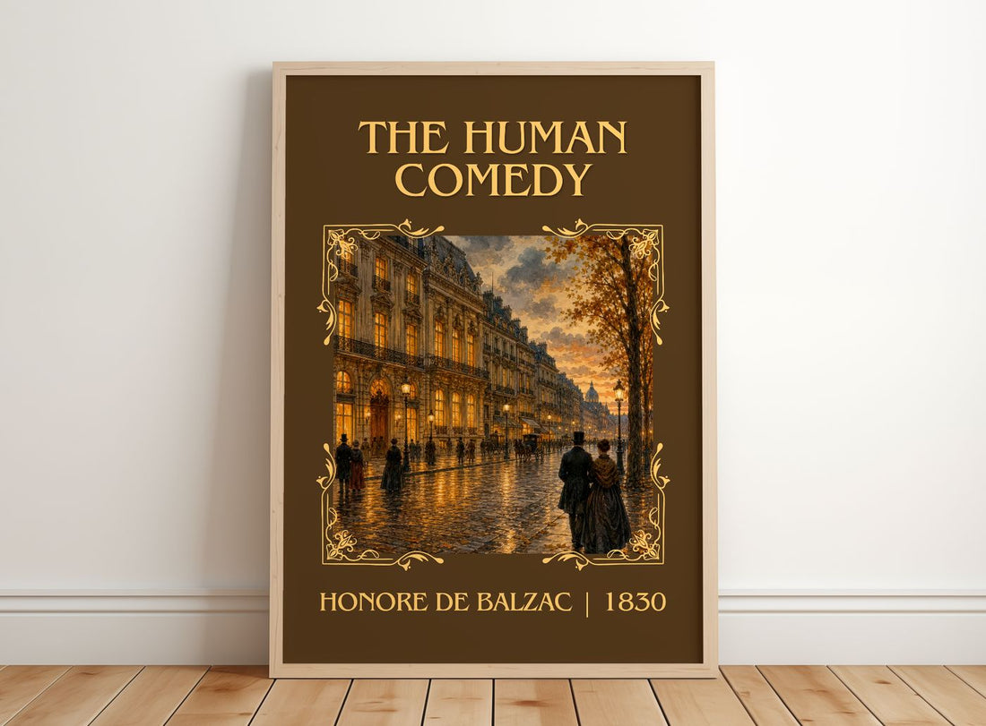 The Human Comedy Classic Book Art Print by Honoré de Balzac – framed print leaning on a wooden floor
