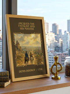 Jacques the Fatalist and His Master Classic Book Art Print by Denis Diderot – framed print on a city-view windowsill