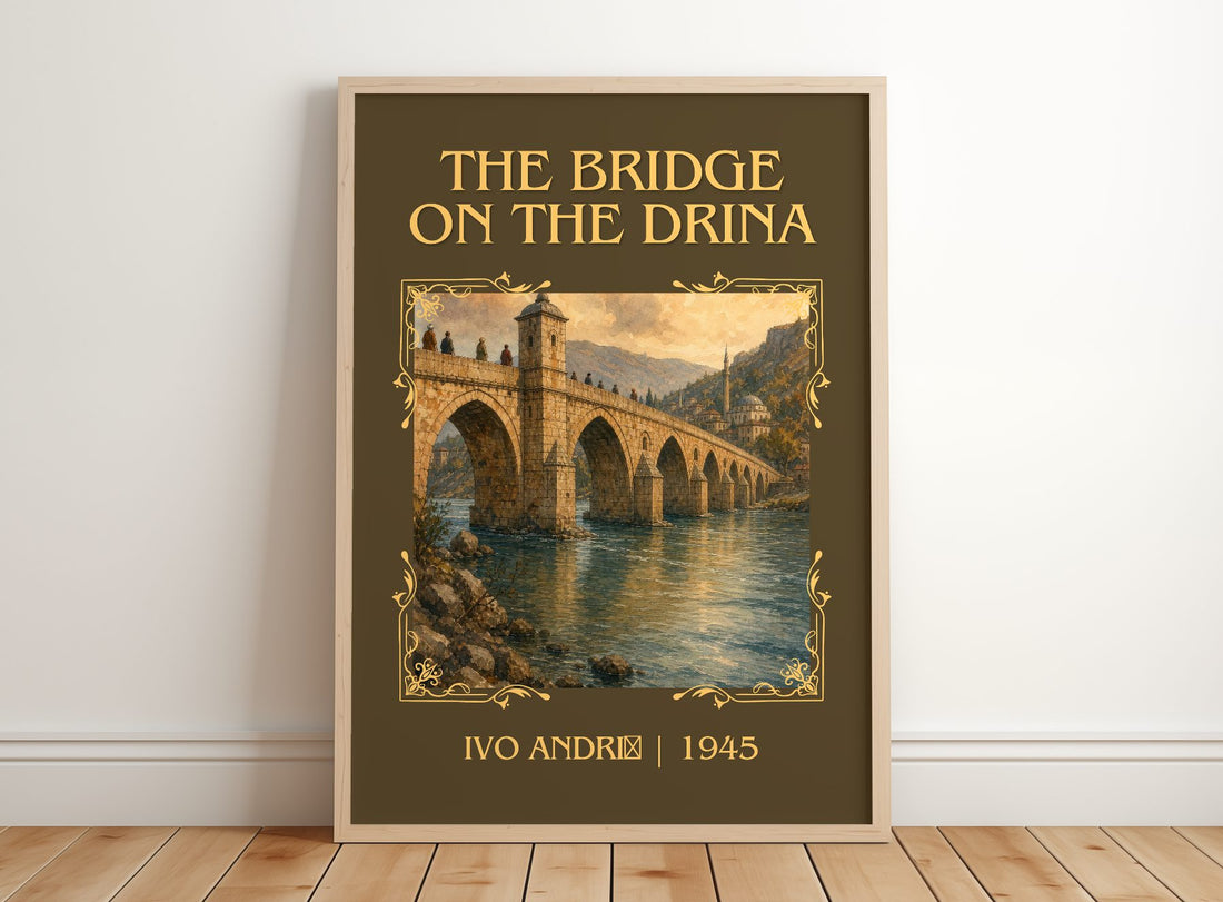 The Bridge on the Drina Classic Book Art Print by Ivo Andrić – framed print leaning on a wooden floor