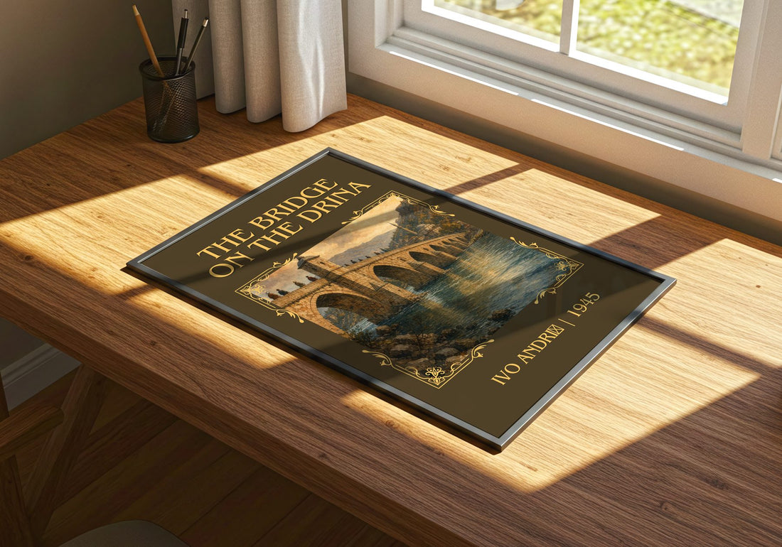 The Bridge on the Drina Classic Book Art Print by Ivo Andrić – print on a sunlit desk