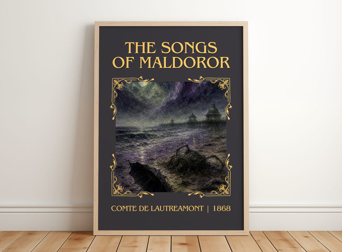 The Songs of Maldoror Classic Book Art Print by Comte de Lautréamont – framed print leaning on a wooden floor