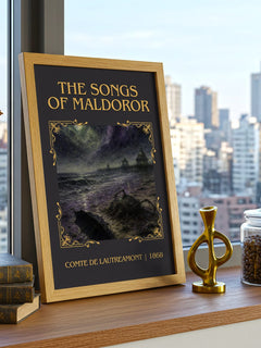The Songs of Maldoror Classic Book Art Print by Comte de Lautréamont – framed print on a city-view windowsill