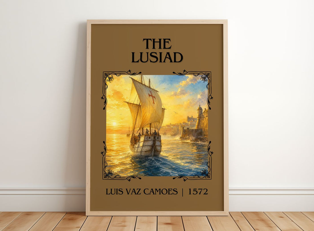 The Lusiad Classic Book Art Print by Luís Vaz Camões – framed print leaning on a wooden floor