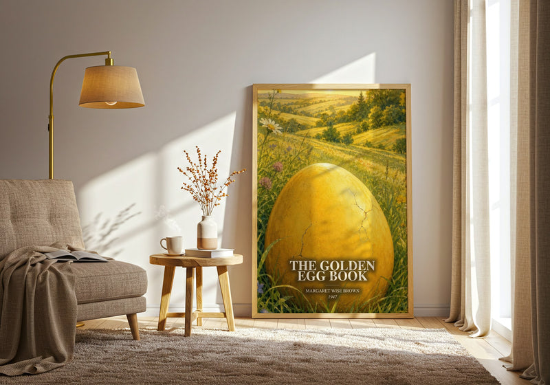 The Golden Egg Book watercolour print in frame leaning in hallway – childrens wall art