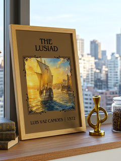 The Lusiad Classic Book Art Print by Luís Vaz Camões – framed print on a city-view windowsill