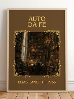 Auto Da Fé Classic Book Art Print by Elias Canetti – framed print leaning on a wooden floor