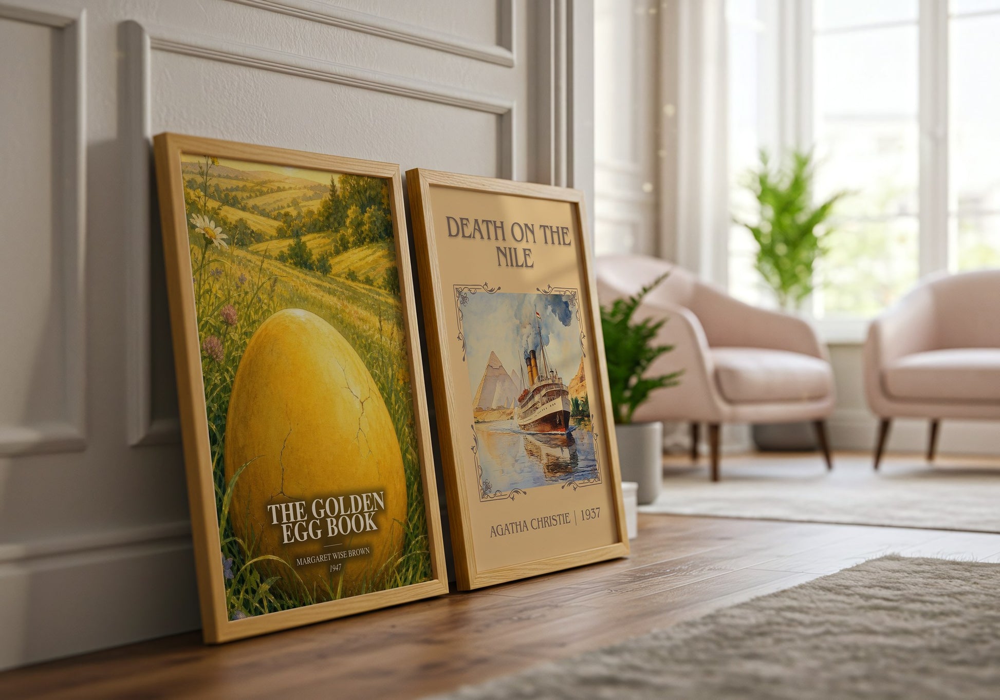 The Golden Egg Book watercolour print framed by window – literary home decor