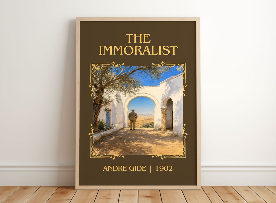 The Immoralist Classic Book Art Print by André Gide – framed print leaning on a wooden floor