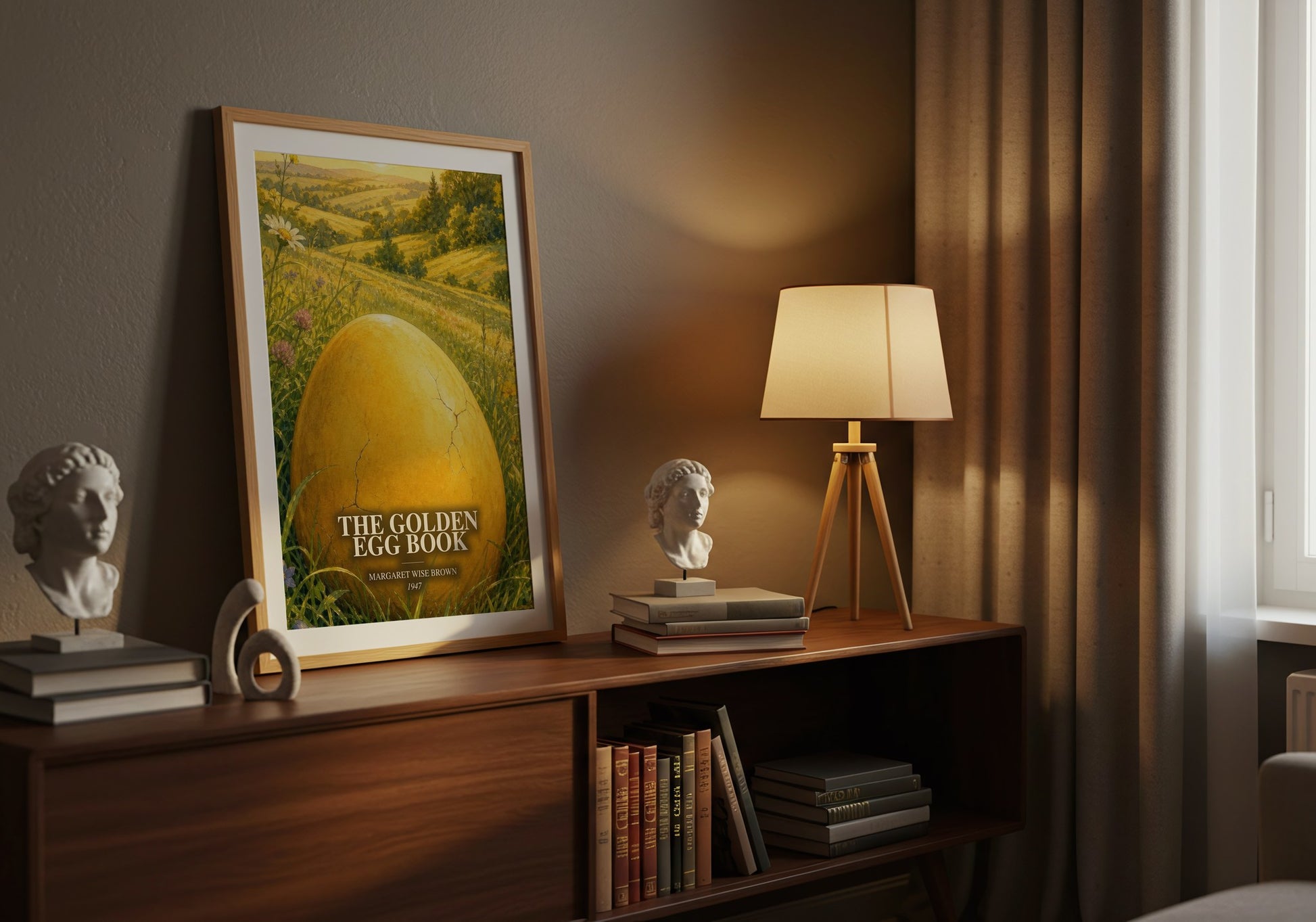 The Golden Egg Book watercolour print on bookshelf – Margaret Wise Brown fan gift