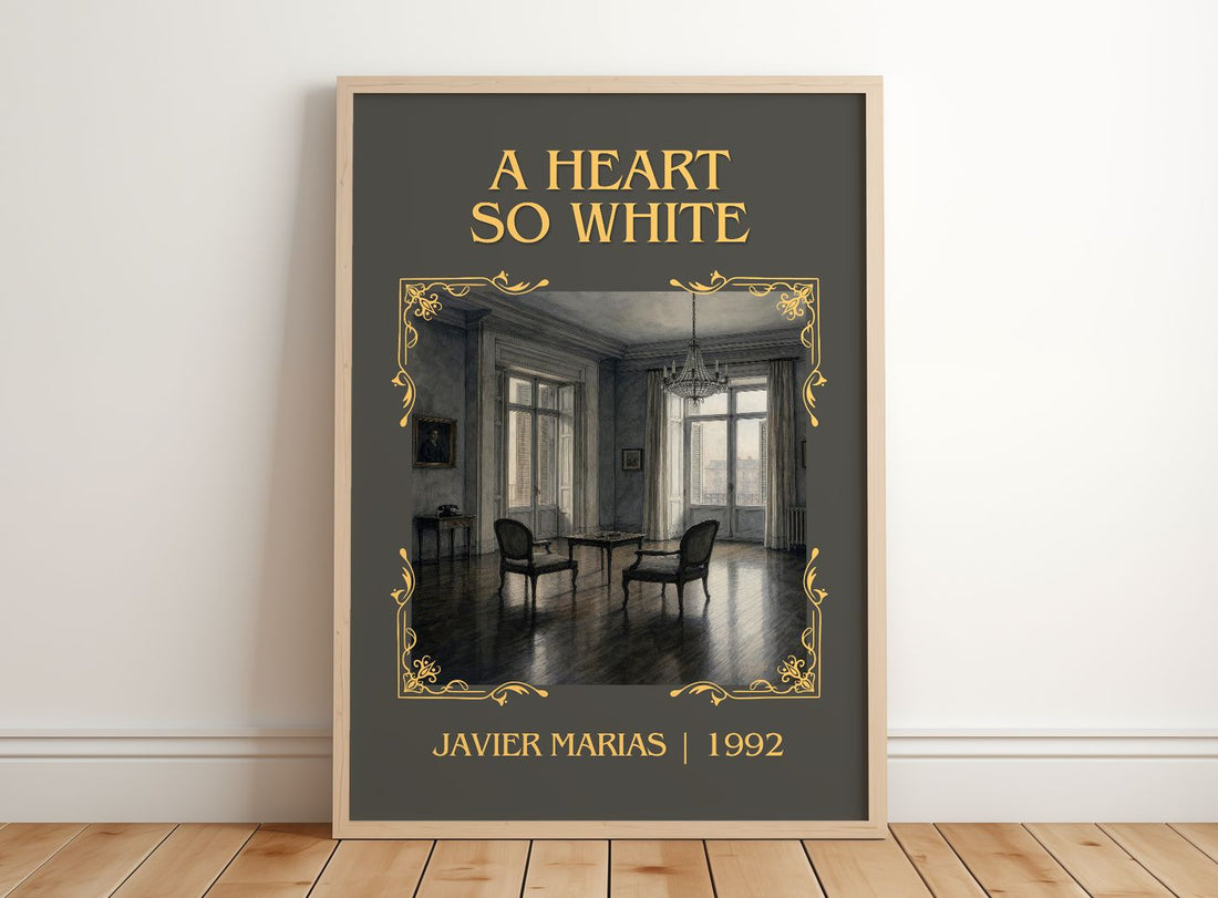 A Heart So White Classic Book Art Print by Javier Marias – framed print leaning on a wooden floor