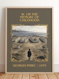 W, or the Memory of Childhood Classic Book Art Print by Georges Perec – framed print leaning on a wooden floor