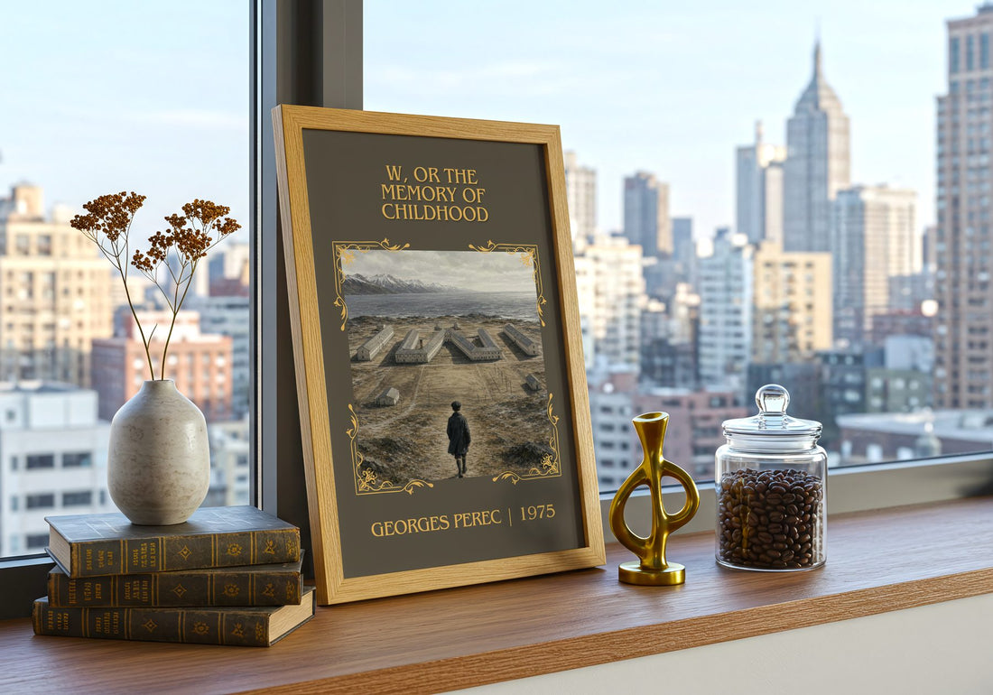 W, or the Memory of Childhood Classic Book Art Print by Georges Perec – framed print on a city-view windowsill