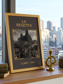 La Regenta Classic Book Art Print by Clarín – framed print on a city-view windowsill