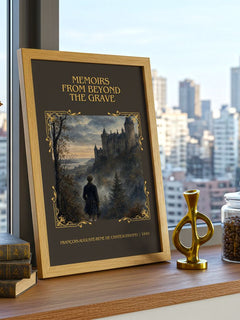 Memoirs From Beyond the Grave Classic Book Art Print by François-Auguste-René de Chateaubriand – framed print on a city-view windowsill