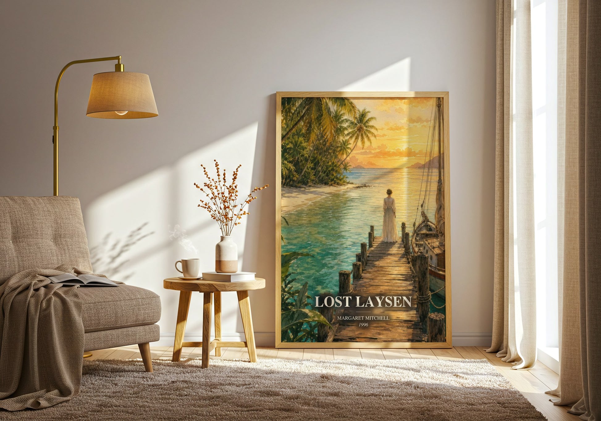 Lost Laysen watercolour print in frame leaning in hallway – romance wall art