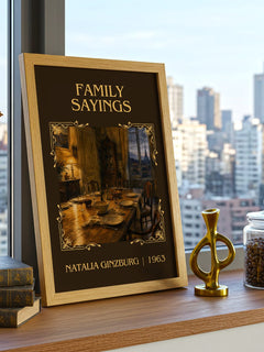 Family Sayings Classic Book Art Print by Natalia Ginzburg – framed print on a city-view windowsill