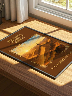 The Seven Pillars of Wisdom Classic Book Art Print by T. E. Lawrence – print on a sunlit desk