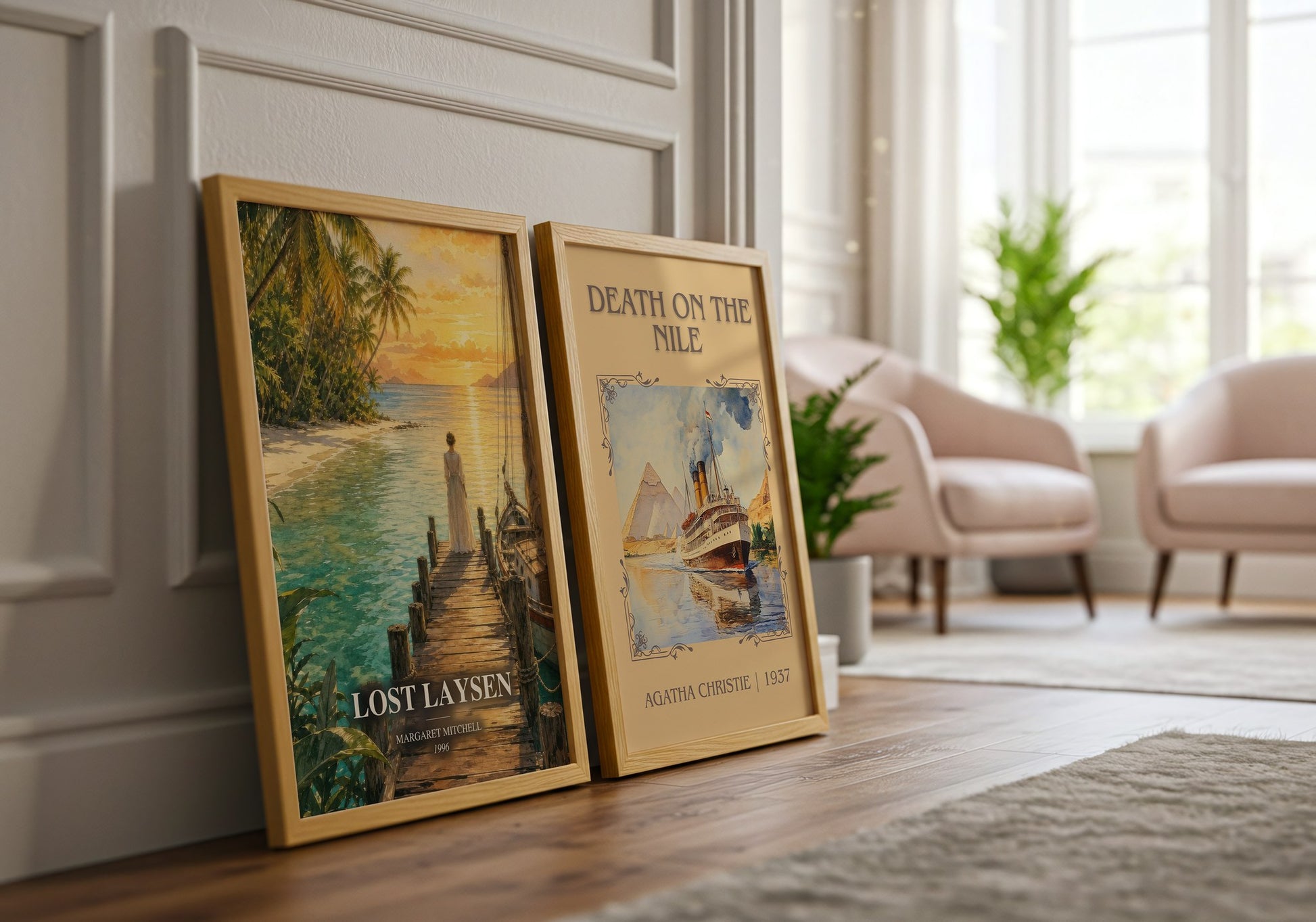 Lost Laysen watercolour print framed by window – literary home decor