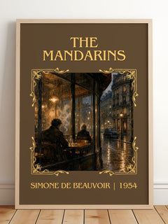 The Mandarins Classic Book Art Print by Simone de Beauvoir – framed print leaning on a wooden floor