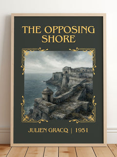 The Opposing Shore Classic Book Art Print by Julien Gracq – framed print leaning on a wooden floor