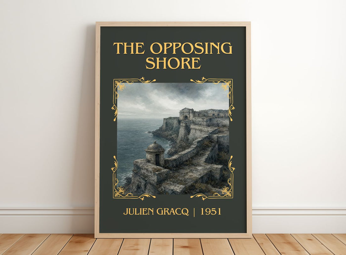 The Opposing Shore Classic Book Art Print by Julien Gracq – framed print leaning on a wooden floor