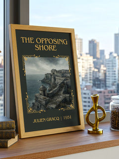 The Opposing Shore Classic Book Art Print by Julien Gracq – framed print on a city-view windowsill