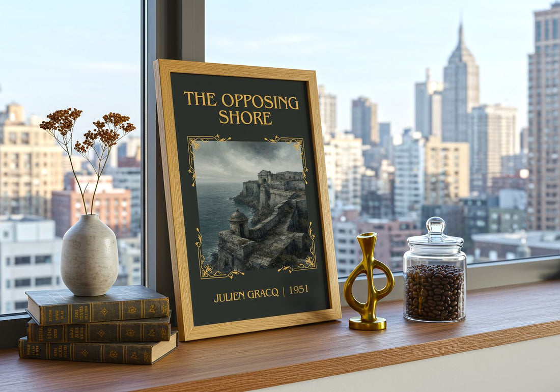 The Opposing Shore Classic Book Art Print by Julien Gracq – framed print on a city-view windowsill