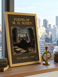 Poems of W. H. Auden Classic Book Art Print by W. H. Auden – framed print on a city-view windowsill