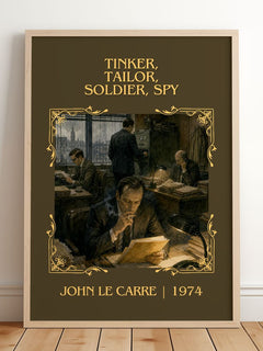 Tinker, Tailor, Soldier, Spy Classic Book Art Print by John le Carré – framed print leaning on a wooden floor