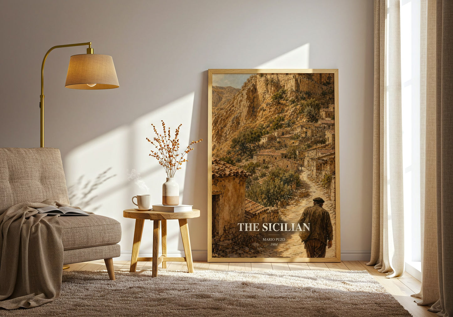 The Sicilian watercolour print in frame leaning in hallway – crime wall art
