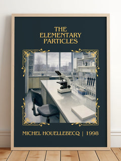 The Elementary Particles Classic Book Art Print by Michel Houellebecq – framed print leaning on a wooden floor