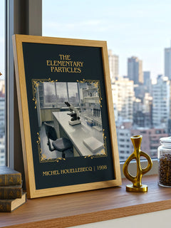 The Elementary Particles Classic Book Art Print by Michel Houellebecq – framed print on a city-view windowsill