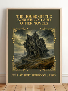 The House On The Borderland And Other Novels Classic Book Art Print by William Hope Hodgson – framed print leaning on a wooden floor