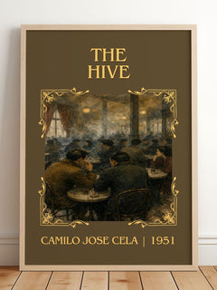 The Hive Classic Book Art Print by Camilo José Cela – framed print leaning on a wooden floor