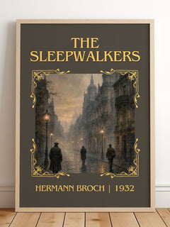 The Sleepwalkers Classic Book Art Print by Hermann Broch – framed print leaning on a wooden floor