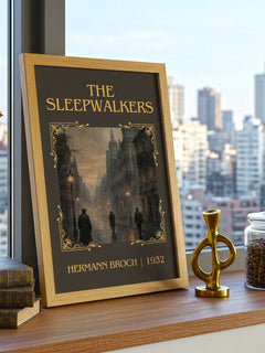 The Sleepwalkers Classic Book Art Print by Hermann Broch – framed print on a city-view windowsill