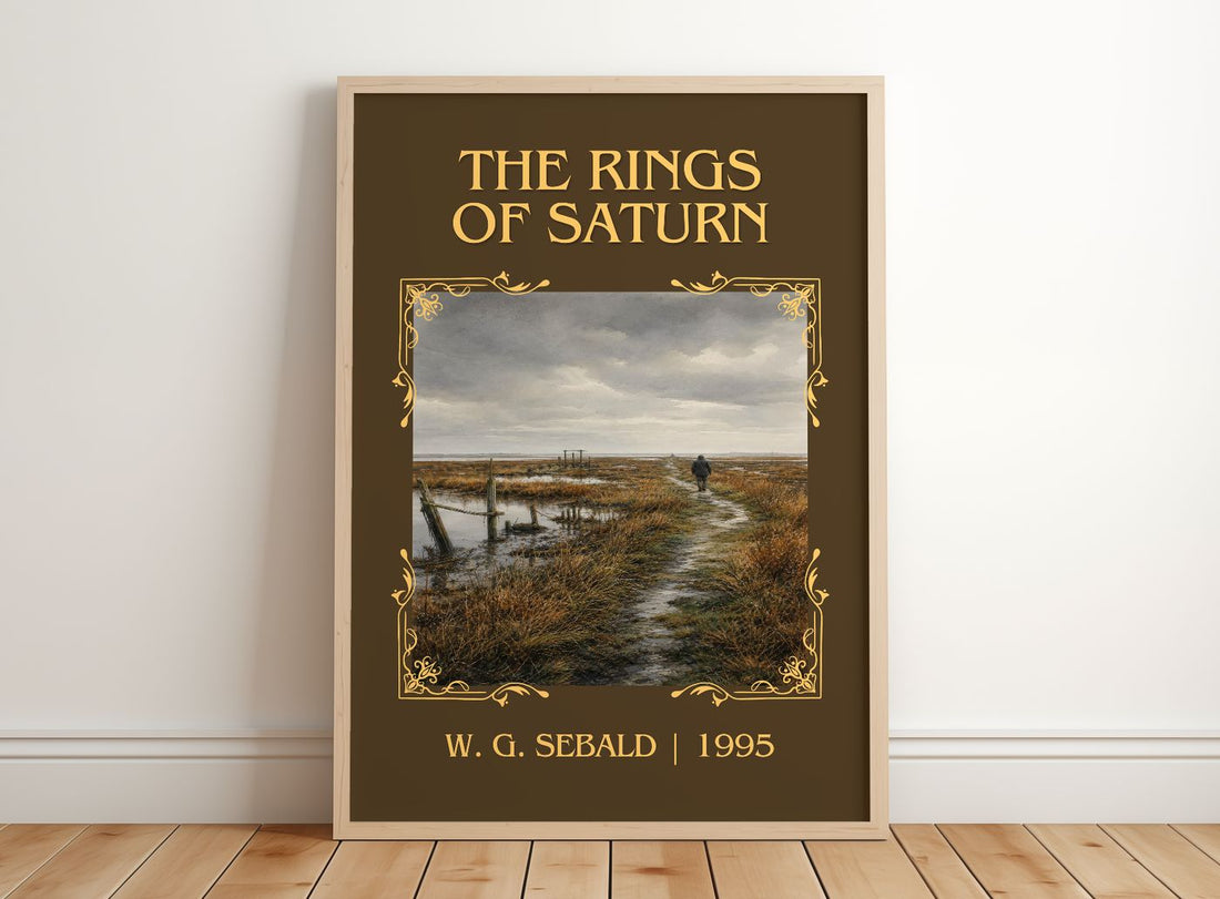 The Rings of Saturn Classic Book Art Print by W. G. Sebald – framed print leaning on a wooden floor