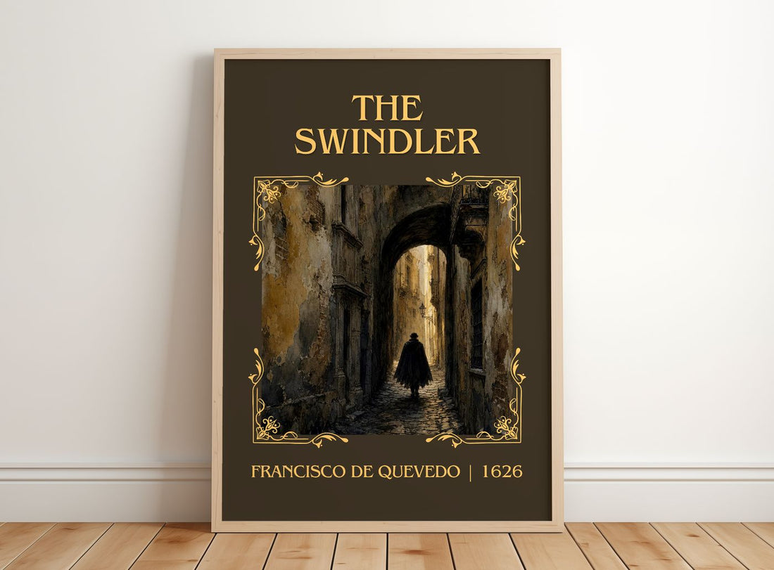 The Swindler Classic Book Art Print by Francisco de Quevedo – framed print leaning on a wooden floor
