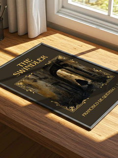The Swindler Classic Book Art Print by Francisco de Quevedo – print on a sunlit desk