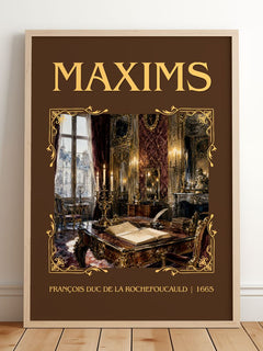 Maxims Classic Book Art Print by François duc de La Rochefoucauld – framed print leaning on a wooden floor
