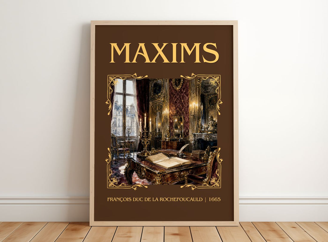 Maxims Classic Book Art Print by François duc de La Rochefoucauld – framed print leaning on a wooden floor
