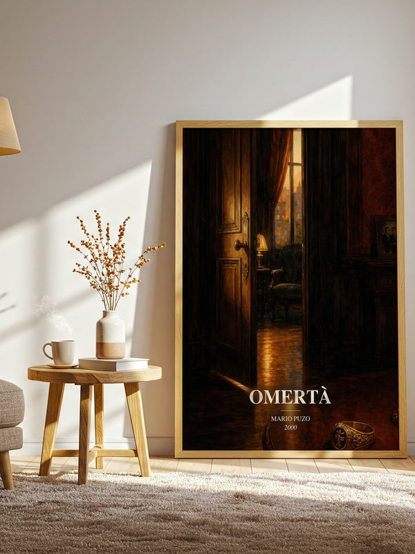 Omertà watercolour print in frame leaning in hallway – crime wall art