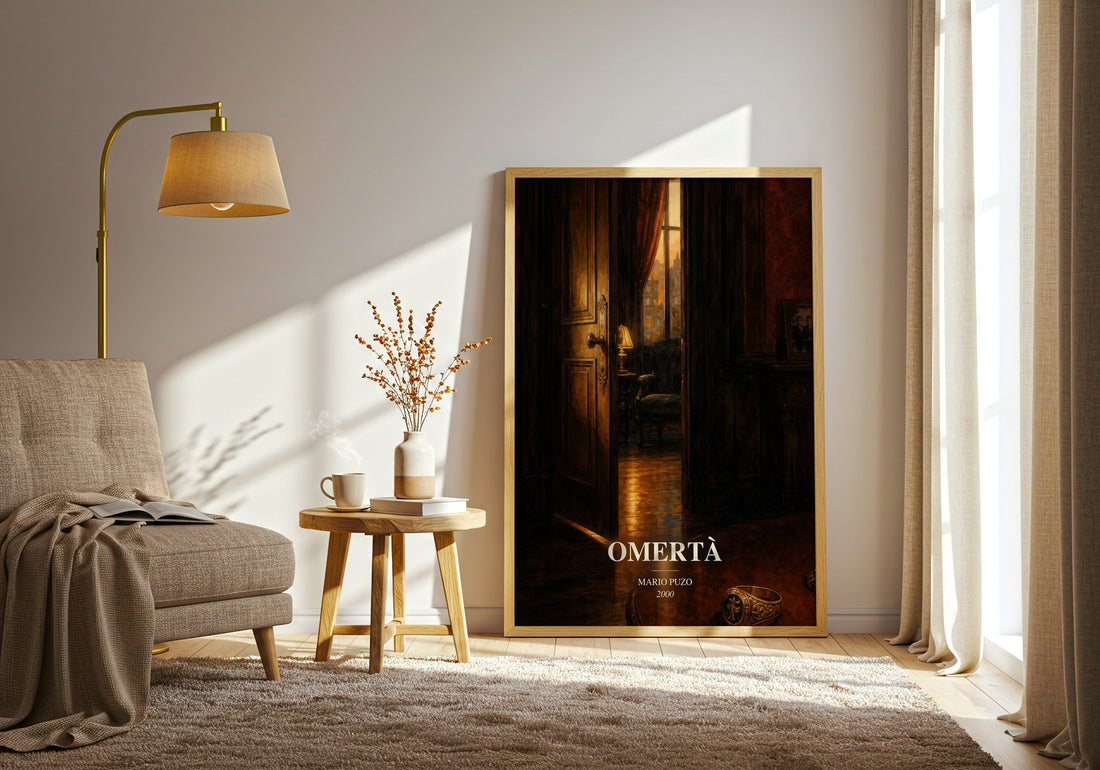 Omertà watercolour print in frame leaning in hallway – crime wall art (mockup)