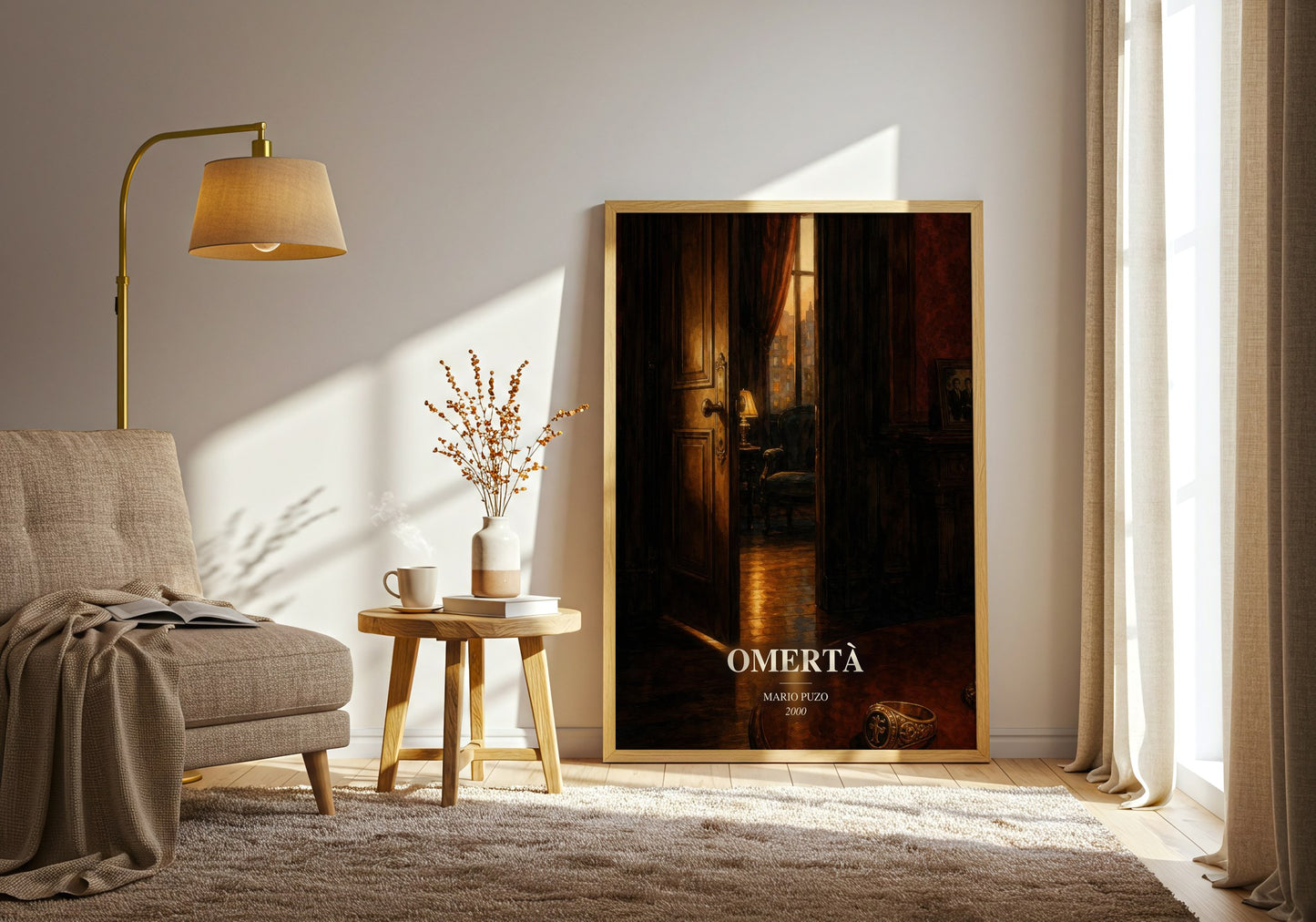 Omertà watercolour print in frame leaning in hallway – crime wall art