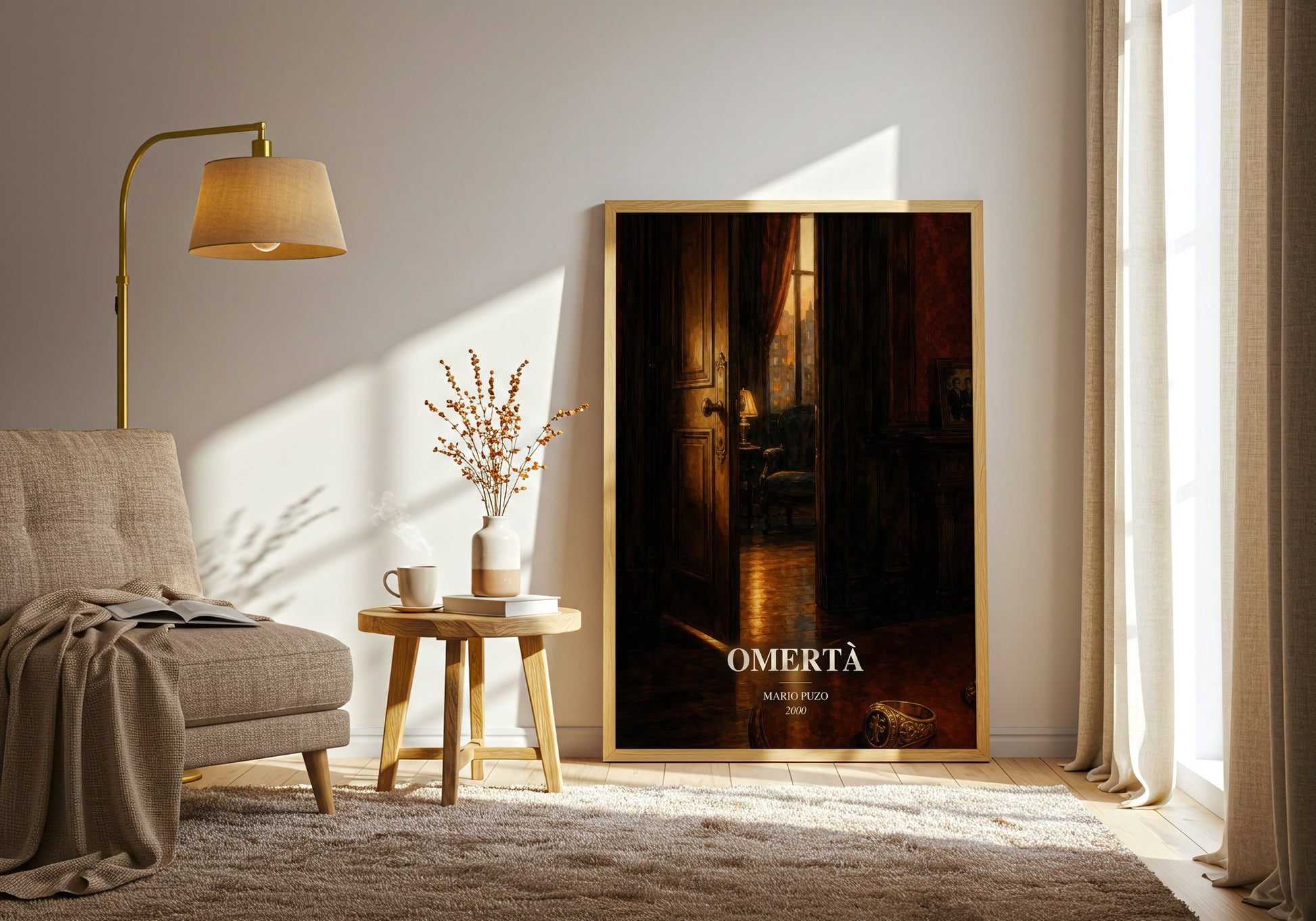 Omertà watercolour print in frame leaning in hallway – crime wall art