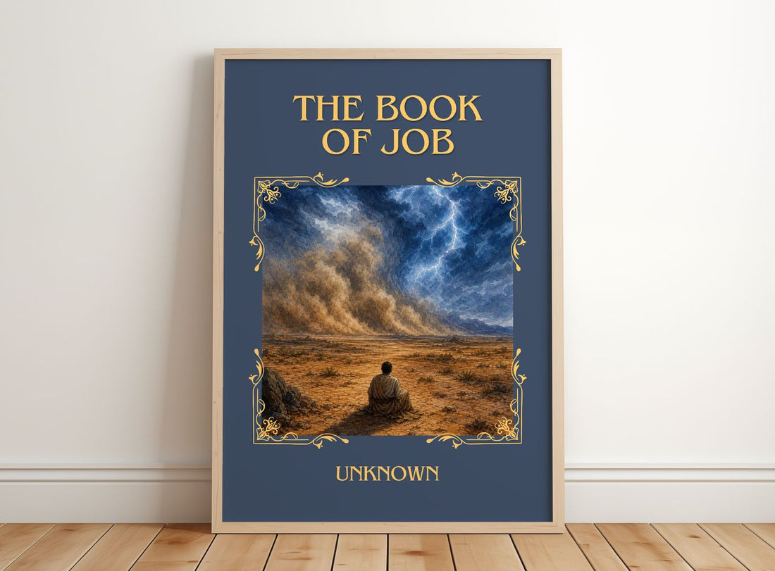 The Book of Job Classic Book Art Print by Unknown – framed print leaning on a wooden floor