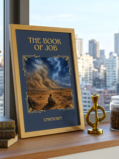 The Book of Job Classic Book Art Print by Unknown – framed print on a city-view windowsill