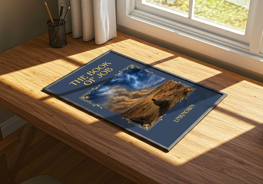 The Book of Job Classic Book Art Print by Unknown – print on a sunlit desk