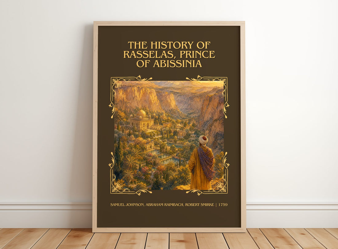 The History of Rasselas, Prince of Abissinia Classic Book Art Print by Samuel Johnson, Abraham Raimbach, Robert Smirke – framed print leaning on a wooden floor